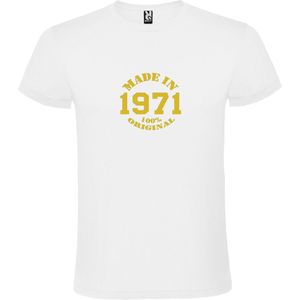 Wit T-Shirt met “Made in 1971 / 100% Original “ Afbeelding Goud Size XS