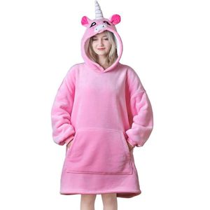 Roze Eenhoorn Oversized Hoodie Deken voor Dames – Zachte Fleece Sweatshirt met Sherpa Voering