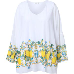 MIAMODA - Dames - Mesh blouse oversized rand met citroenmotief - Sneeuwwit - Maat 42+