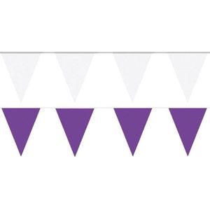 Witte/Paarse feest punt vlaggetjes pakket - 200 meter - slingers/ vlaggenlijn