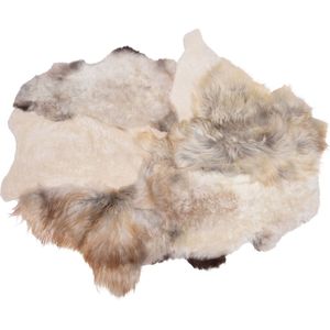 Designer schapenvacht vloerkleed 180 x 120 cm patchwork Ivoor wit; Grijs; Creme wit | Hoogpolig vloerkleed natuurlijke vorm.