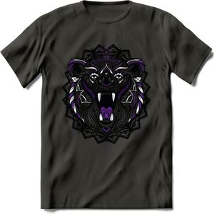 Beer - Dieren Mandala T-Shirt | Paars | Grappig Verjaardag Zentangle Dierenkop Cadeau Shirt | Dames - Heren - Unisex | Wildlife Tshirt Kleding Kado | - Donker Grijs - L