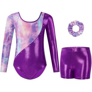Driedelige gymnastiekset voor meisjes met lange mouwen en kort broekje, dans- en gymoutfit voor 3-12 jaar