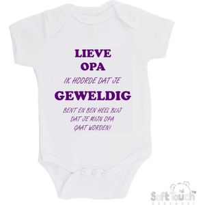 100% katoenen Romper ""Lieve opa ik hoorde dat je geweldig bent en ben heel blij dat je mijn opa gaat worden!"" Meisjes Katoen Wit/paars Maat 62/68