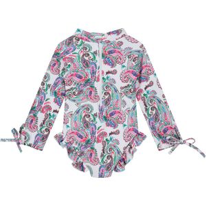 Supercute badpak wit paisley print met lange mouwen, ruffels en rits sluiting maat 68/74