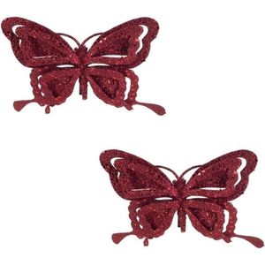 5x Kerstboomversiering op clip vlinder glitter bordeaux rood 14 cm - kerstfiguren - vlinders