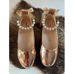 meisjesschoenen-luxe feestschoenen- leren ballerina's-orthopedic-gouden kleur-glanzend- vintage stijl-sierstrik -enkelsieraad-parels-siersteentjes-bruidsmeisjes-bruiloft-feest-verjaardag-fotoshoot- maat 31