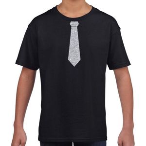 Zwart fun t-shirt met stropdas in glitter zilver kinderen - feest shirt voor kids 158/164