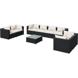 vidaXL - 9-delige - Loungeset - met - kussens - poly - rattan - zwart