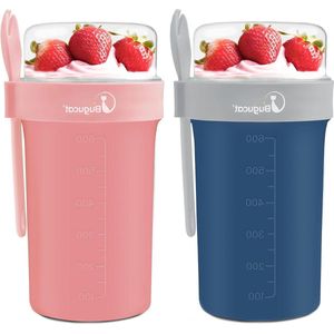 Overnight Oats Potten Set van 2 - Container met Deksel en Lepel - Lekvrije Yoghurt Cup met Meetmarkeringen - Salade Opslag Container voor Melk Graan Fruit - Blauw en Roze