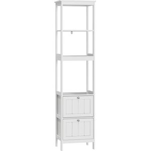 2 Staande witte badkamerkast - smal badkamerkastje 160 cm hoog - opbergkast met 2 schubladen en 3 planken voor kleine badkamers