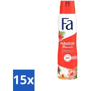 15 x Fa - Paradise Moments - Deodorant Spray - Hibiscusbloem - 150 ml - Deodorant Spray - Anti-Vlekken - Hibiscusbloem - Huidvriendelijk - Frisheid