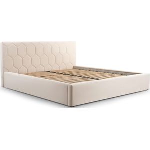 Tweepersoonsbed met fluwelen bekleding, met hoofdeinde, lattenbodem, bed voor volwassenen - BED 02 - 160x200 - Licht beige (TRINITY 1)