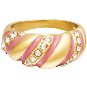 Roestvrijstalen gouden statement ring swirl - roze zirkoon steentjes - maat 16 | Cadeau voor haar | Tieners | Moederdag