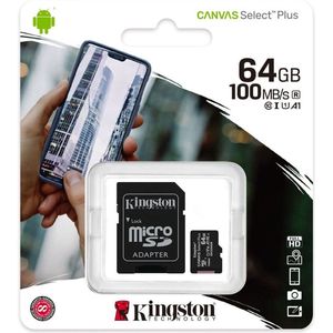 Kingston Micro SD Kaart Canvas Select Plus microSD Card 10 UHS-I - 64GB - inclusief SD adapter