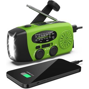 Noodradio - Radio op zonne-energie - Complete survivaluitrusting - 2000 mAh oplaadbare draagbare handgenerator - AM/FM-radio - Zaklamp - SOS-functie - Powerbank - Ideaal voor kamperen en wandelen (groente)