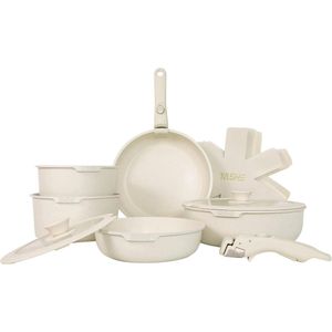 Potten en Pannen Set - Inductiekookgerei - 13 stuks - Crème Wit - Vaatwasser Veilig