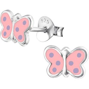 Joy|S - Zilveren vlinder oorbellen - 8 x 5 mm - roze vlinder met paars stipjes - kinderoorbellen