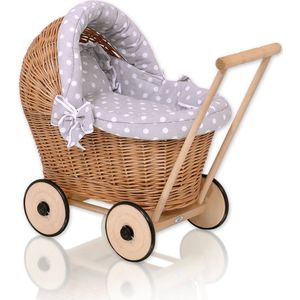 Rieten poppenwagen met grijs beddengoed en zachte vulling - naturel