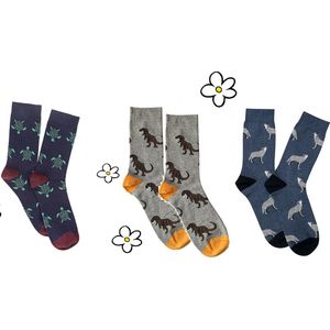 Nature Planet - set van 3 paar sokken voor volwassenen - wolf - t-rex - zeeschildpad (100% Oeko-tex gecertificeerd) maat 39-42