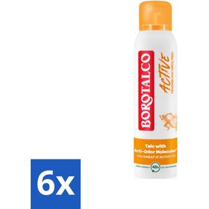 6 x Borotalco - Deodorant Spray - Active - Mandarin & Neroli Fresh - 0% Alcohol - 150 ml - Deodorant Spray - Antitranspirant - Mandarijn - Neroli - Frisse Geur