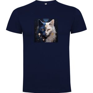 Donker Blauw T-Shirt met “ Kleurrijke Yin Yang Poes“ Print Full Color maat 104 / 3/4 jaar