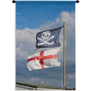 Wandkleed Vlag Engeland - De Engelse vlag onder een piraten vlag Wandkleed katoen 90x135 cm - Wandtapijt met foto