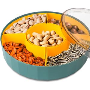 Snackschaal met deksel Snackbord met 5 uitneembare individuele 360° compartimenten Draaibare serveerschaal Opbergdoos voor snacks, noten, snoep, koekjes en fruit