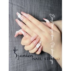 Sjanien Nail Studio Handgemaakte Press On Nails - 3D Rozen - Roze Glitter met Parel - Lang Coffin - 10 Stuks - Maat M