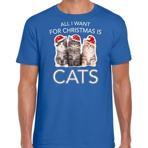 Kitten Kerstshirt / Kerst t-shirt All i want for Christmas is cats blauw voor heren - Kerstkleding / Christmas outfit L