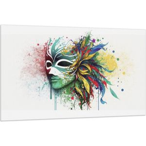 Vlag - Waterverf Tekening van Kleurrijke Carnavals Masker tegen Witte Achtergrond - 150x100 cm Foto op Polyester Vlag