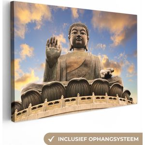 Canvas - Boeddha - Buddha - Standbeeld - Steen - Lucht - Hand - 150x100 cm - Muurdecoratie - Kamer decoratie