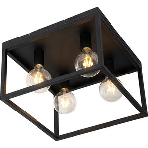 QAZQA cage - Industriele Plafondlamp - 4 lichts - L 40 cm - Zwart - Industrieel - Woonkamer | Slaapkamer | Keuken