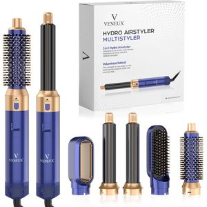 VENEUX® Premium Multistyler - Fohnborstel - Airstyler - Krultang - Krulborstel - Krultang 5 in 1 - Haarborstel - Blauw Goud - 5 Opzetstukken + Kammenset 9-Delig