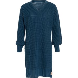 Knit Factory Robin Dames Jurk - Gebreide Trui Jurk - Wollen jurk - Herfst- & winterjurk - Wijde jurk - V-hals - Petrol - 36/38 - Knielengte