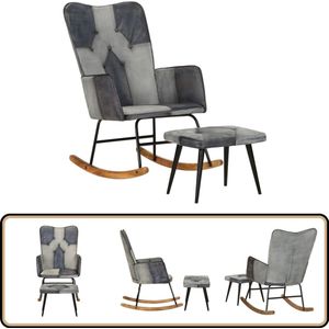 vidaXL Schommelstoel met Voetenbank Grijs Schommelstoel - Lounge Stoel - Lederen Stoel - Relaxfauteuil - Huiskamer Meubels