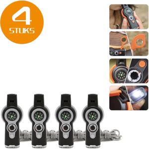 Colorful Sun® 7-in-1 Survivalfluit - 4 Stuks - Grijs/Zwart - Noodfluit met LED, Kompas, Thermometer, Spiegel, Vergrootglas & Opbergvak - 120 dB Alarmfluit - Voor Noodgevallen, Outdoor, Wandelen, Camping & Sport - Inclusief Sleutelkoord
