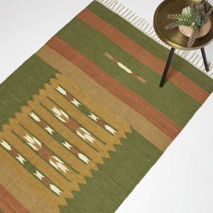 Homescapes handgeweven jute vloerkleed Lundi Groen - 160 x 230 cm, kelim patroon oranje-groen