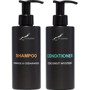 Douchepakket - Shampoo Sweet Orange & Cedarwood + Coconut Conditioner - 300 ml per fles - Claudius Cosmetics - bodycare - luxe fles - set van 2 stuks