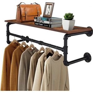 Roggi® - Industrieel Kledingrek met Houten Plank - Wandmontage - Multifunctionele Opslag - Steigerbuis - Zwart - 100 x 25 x 22