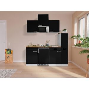 Goedkope keuken 180  cm - complete kleine keuken met apparatuur Luis - Wit/Zwart - keramische kookplaat  - koelkast  - magnetron - mini keuken - compacte keuken - keukenblok met apparatuur