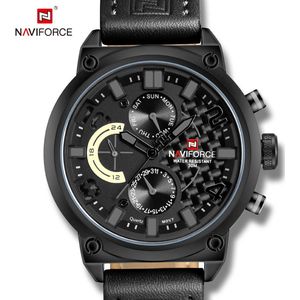 NAVIFORCE horloge voor mannen, met zwarte lederen polsband, zwarte uurwerkkast en grijze wijzerplaat ( model 9068L BGYB ), verpakt in mooie geschenkdoos