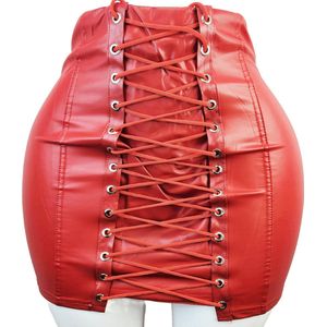 Rok - maat S/M - Nep leer veter sluiting rok Rood - Stretch