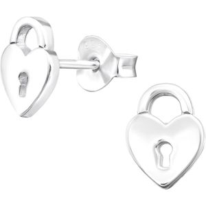 Joy|S - Zilveren hartje slot oorbellen - 6 x 8 mm - massief egaal zilver - oorknoppen