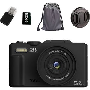 Digitale camera 5K 75MP fotocamera en vlogcamera met wifi, 64GB geheugenkaart, 18x zoom, 3,0"" LCD 180° compactcamera fotocamera voor op reis, beginners en volwassenen (zwart)