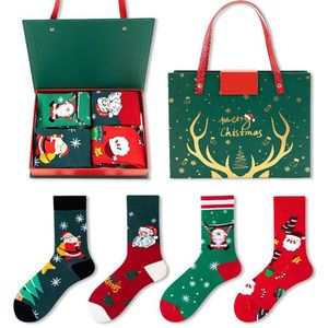 4 paar kerstsokken, geschenkdoosset, katoenen sokken met kerstman-sneeuwpop, verschillende kleuren