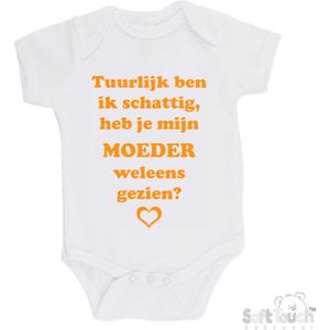 100% katoenen Romper ""Tuurlijk ben ik schattig, heb je mijn moeder weleens gezien?"" Unisex Katoen Wit/mosterd Maat 62/68