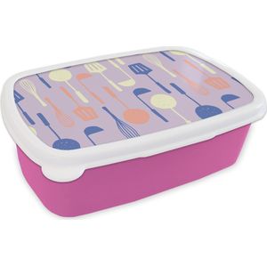 Broodtrommel Roze - Lunchbox - Brooddoos - Patronen - Keukengerei - Spatel - Garde - 18x12x6 cm - Kinderen - Meisje