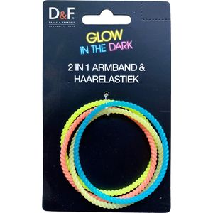 D&F Glow in the dark 2 in 1 Armband en Haarelastiek 4 stuks Blauw, Wit, Geel, Oranje