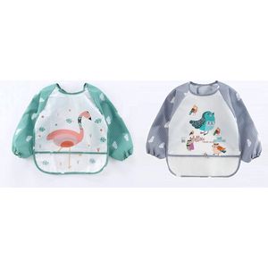 Duo pack - Vogel & Flamingo| Slabbetje lange mouwen met brede opvangbak (1-3 jaar) - mag in vaatwasser/ wasmachine